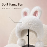 Chapeau d'hiver en fausse fourrure blanche avec oreilles de lapin, longues attaches et pompons, chapeau en peluche de lapin