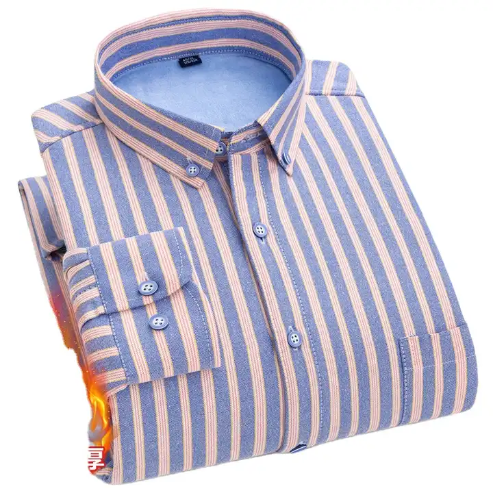 Men Plaid Long Sleeved Velvet Warm Shirt 60% Cotton Oxford Spinning Button  Collar Casual Flannel Wool Lining Striped Blouse - Buy Men's Casual Long