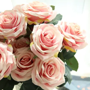 Ramo de rosas artificiales de seda con vástago largo, Decoración de mesa para fiesta de cumpleaños y boda, 10 unidades