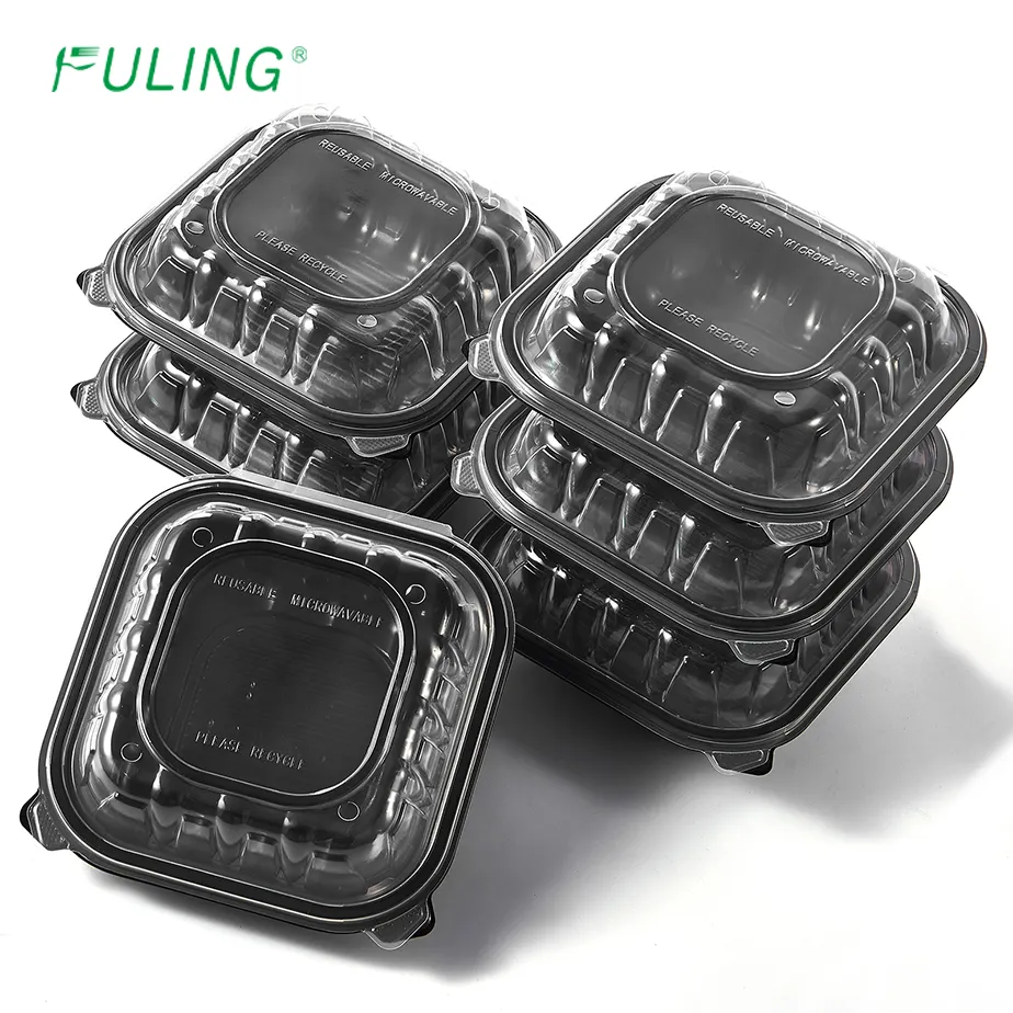 FULING 8 "x8" X3 "MFPP siyah temizle menteşeli plastik gıda çıkar-go/kapaklı konteyner