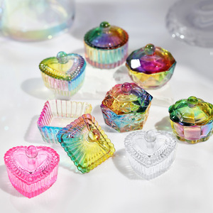 Coupe à ongles en verre plaqué couleur aurore en forme de cœur avec couvercle, récipient coloré pour la décoration des ongles en acrylique pour salon de manucure - Product Image 4