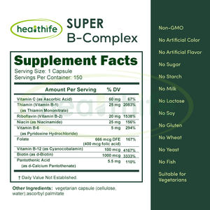 Healthife Energy Support Super <span class=keywords><strong>Vitamine</strong></span> <span class=keywords><strong>B</strong></span> Complex Capsules avec <span class=keywords><strong>Vitamine</strong></span> C Acide Folique - Product Image 2