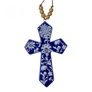 优雅礼品蓝色小花家居婚礼装饰陶瓷十字吊坠带珠子