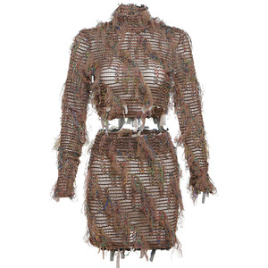 Personalized Street Hipster <b>Sexy</b> Slim Tassel Hollow Out Short Skirt Women's 2 Piece <b>Set</b> Fashion - Product Image 3