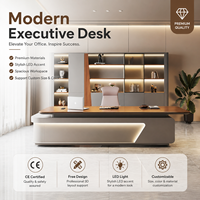 Bureau de direction haut de gamme en forme de L avec plateau en placage de bois, bande lumineuse LED latérale et armoire assortie pour bureau de PDG d'entreprise