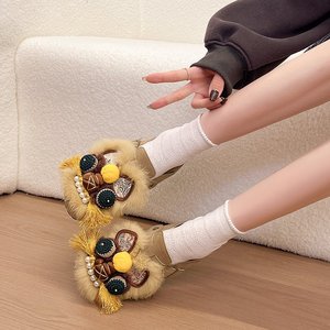 Zuecos de Mujer con Diseño de Danza del León Chino, Bordados, de Peluche, con Borlas Decorativas, Tipo Baotou, Planos y Fáciles de Poner - Product Image 5