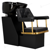 Ensemble de salon de coiffure professionnel de luxe noir de petite taille : Fauteuil de lavage, Fauteuil de barbier, Fauteuil de coiffure, Poste de travail de salon