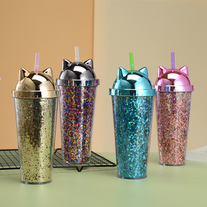 Zhen Ai Cat Ear Sequined Water Cup Led Flashing Plastic Drinkware For Party Couple Gift - Product Image 2