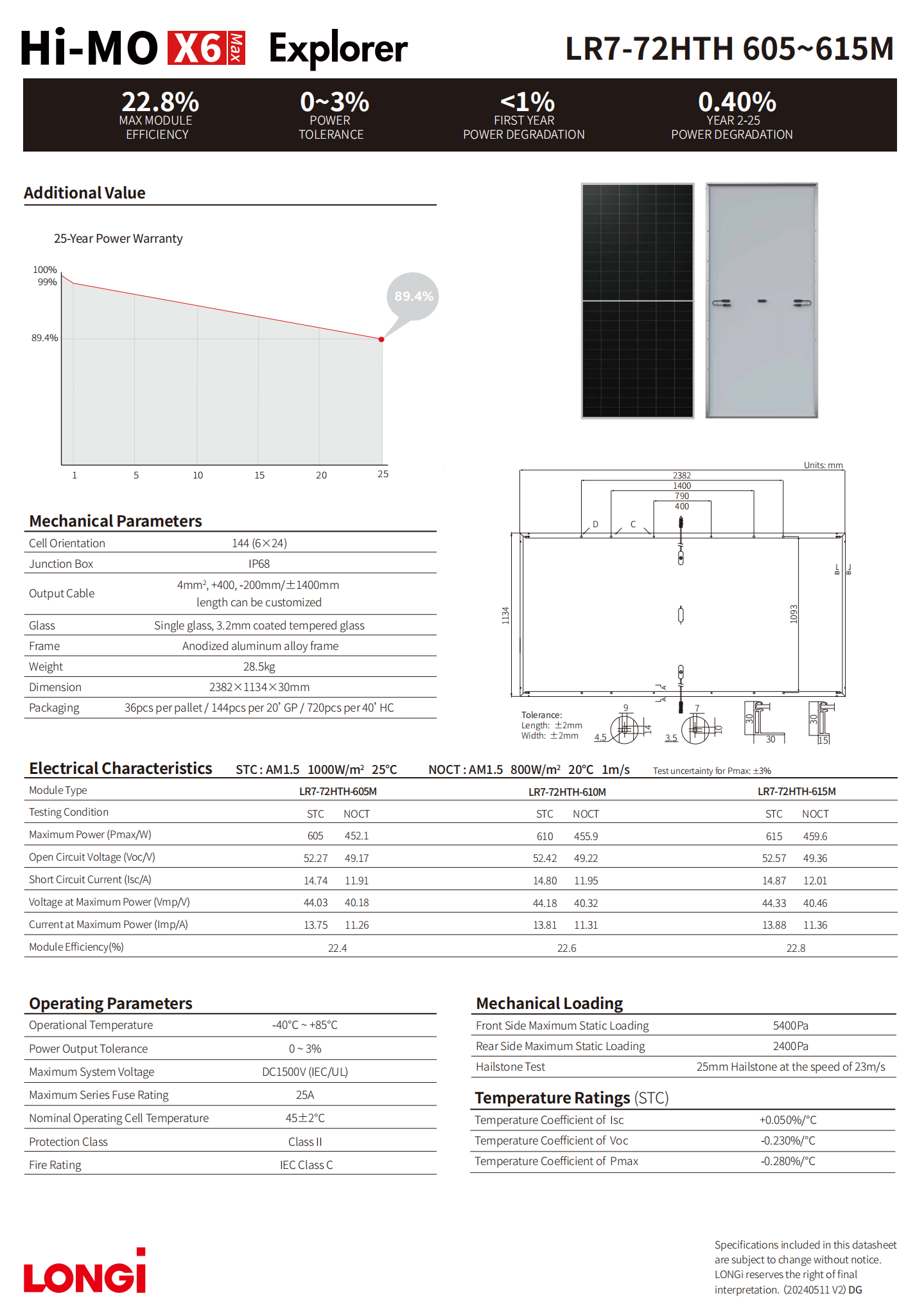 Longi Hi-Mo X6 610w Max Explorer LR7-72HTH 605-615M Solar Panel