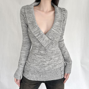 Suéter Sexy de Punto con Cuello en V, Estilo Vintage, Holgado, con Botones, Manga Larga, para Invierno - Product Image 2