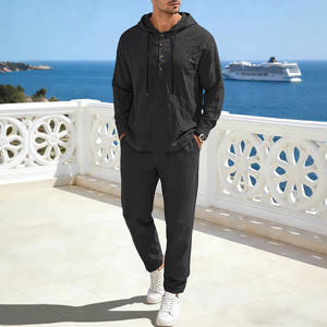 Conjunto de Pantalones y Sudadera con Capucha para Hombre, de Lino, con Cordón Ajustable, Manga Larga, Color Sólido, Ropa Casual para Ocio, Tejido de Punto DF-190 - Product Image 5