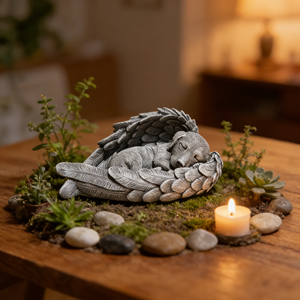 Scultura Commemorativa in Resina per Animali Domestici - Cucciolo Dormiente con Ali, Dettagli Intricati delle Piume, Ideale come Lapide per Animali da Giardino - Product Image 3