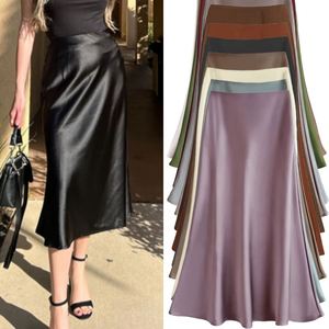 Jupes longues en satin d'acétate IStapromo pour femmes, couleur unie, taille haute, coupe sirène, style A-line, pour le printemps et l'été - Product Image 1