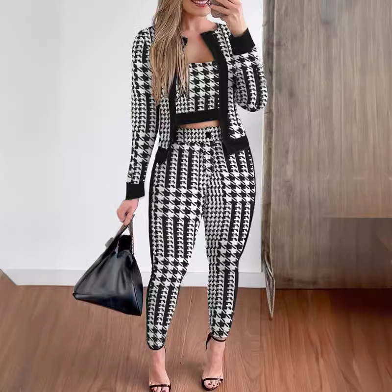 Black checkered pants suit for women