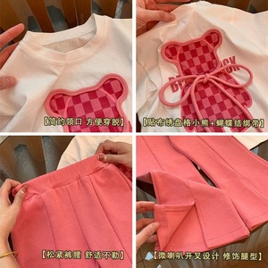 Completo estivo da ragazza in stile coreano, alla moda, due pezzi: T-shirt casual con stampa cartoon e <span class=keywords><strong>pantaloni</strong></span> a trombetta in tessuto pettinato, stile occidentale. - Product Image 3
