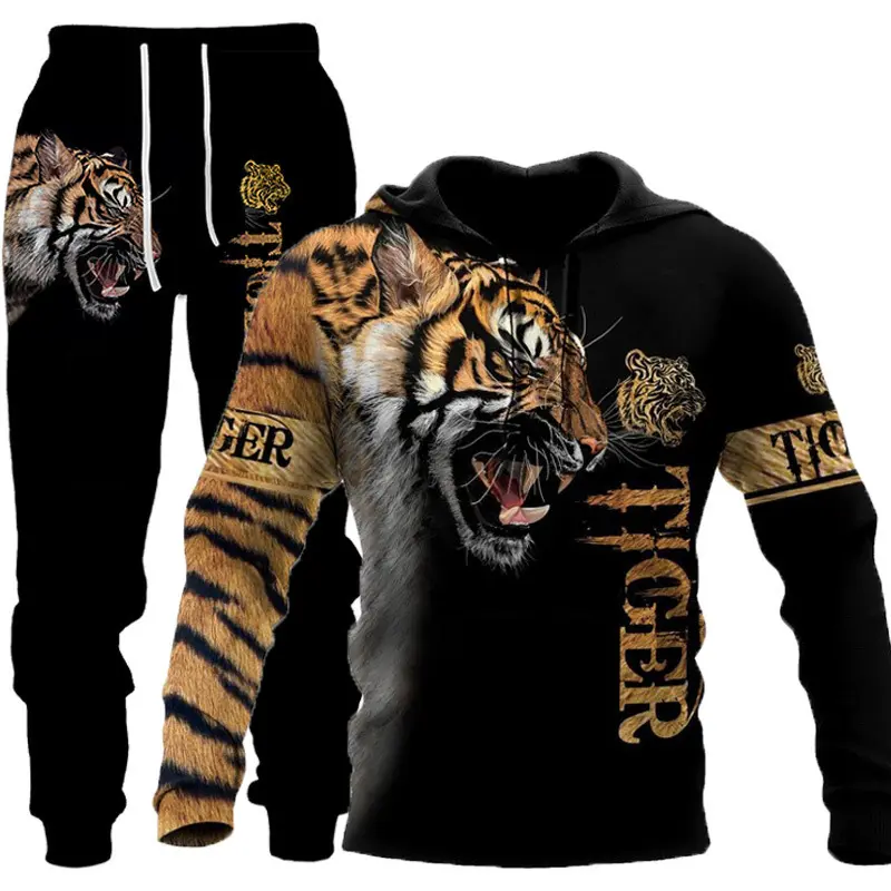 wholesale winter sublimation oversize animal tiger pattern printed hoodie and sweatpants set 3d lion men hoodies