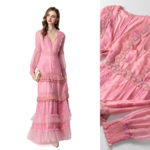 Lusso abito lungo con scollo a V in Tulle ricamato con gonna plissettata a strati <span class=keywords><strong>per</strong></span> abiti <span class=keywords><strong>da</strong></span> sposa formali - Product Image 1