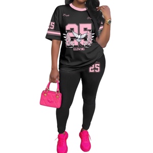 Ensemble Sportif Numérique pour <span class=keywords><strong>Femme</strong></span> : Haut Court à Manches Courtes Imprimé Lettres et Logo, Col Rond, Décontracté d'Été, et Pantalon Long - Product Image 5