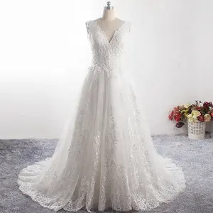 LZ387 Luxus schwere Perlen Kristall Brautkleid Schöne lange Spitze Brautkleider Sexy V-Ausschnitt ärmel los A Linie Kleid Vestido De Noiva