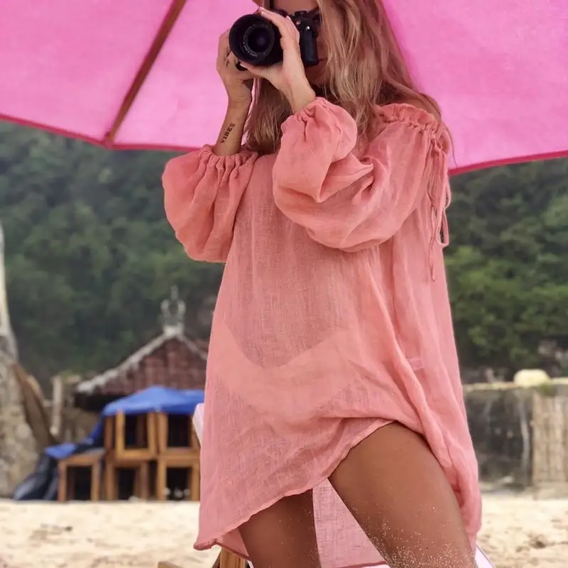 2021 cotone Beach Dress Cover Up Sarong Bianco Swim cover-ups Manica Lunga Beachwear Off Spalla del Bikini Delle Donne Della Copertura up Tunica Nuovo