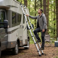 Échelle industrielle télescopique droite en aluminium moderne avec grandes crochets amovibles, capacité de charge 150 kg, hauteur extensible, pliable