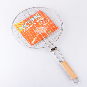 Nicebbq Round Stainless Steel Grill 32cm Diameter With Wooden Handle For Outdoor BBQ Meat Chicken Grilling - Product Image 1