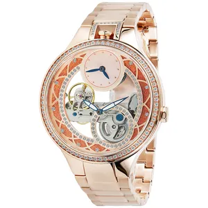 Rose Gold Bling Hollow Out Luxury Watch Quartz Mechanical Dual Movementman Watch Luminous Diamond Dial Stainless Steel Watch