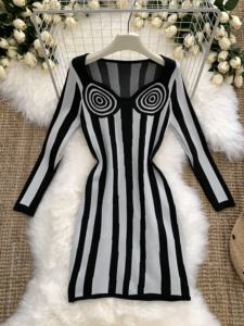 Abito <span class=keywords><strong>Sexy</strong></span> scollato a righe primaverili <span class=keywords><strong>da</strong></span> donna con fasciatura a righe a maniche lunghe con colletto quadrato Mini abito formale <span class=keywords><strong>da</strong></span> <span class=keywords><strong>sera</strong></span> - Product Image 6