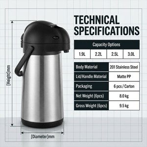 Insulated Stainless Steel Vacuum Coffee Air Pot with Pump, Large Capacity <b>Thermos</b> Flask for Hot Beverage - Product Image 6