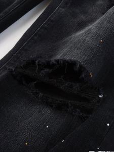 Nouveau <span class=keywords><strong>jean</strong></span> vintage coupe bootcut noir pour homme, effet <span class=keywords><strong>tache</strong></span>, trous et graffitis, coupe slim élastique - Product Image 4