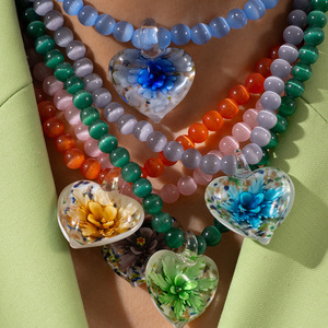 Colgante de corazón de cristal de color, <span class=keywords><strong>collar</strong></span> llamativo de flores, <span class=keywords><strong>collar</strong></span> de Gargantilla con cuentas de piedra de ojo de gato de piedra Natural - Product Image 1