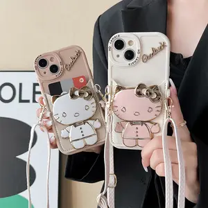 Популярный кошелек для iPhone 14plus с мультяшным бантом и кошкой, зеркало для макияжа, сумка для карт через плечо, чехол для телефона