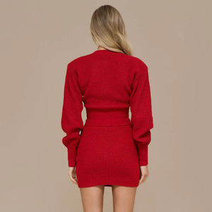 European American Style Winter <b>Knit</b> Sweater <b>Set</b> Solid Color Button Front Bodycon Skirt Two Piece For Women - Product Image 2