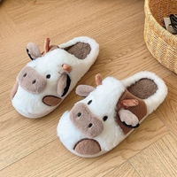 Nouvelles pantoufles en fourrure de vache imprimées mignonnes pour filles, pantoufles d'hiver chaudes et moelleuses pour la maison, style animal de dessin animé, pantoufles en fourrure pour femmes