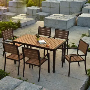 Ensemble de tables et chaises d'extérieur en bois, de 6 places, mobilier de jardin en plastique et en bois pour cafés et restaurants