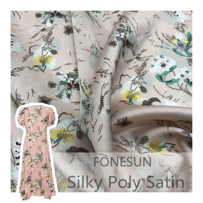 100% Polyester Klantprint 150Cm Bloemen Satijnen Stof Effen Geweven Satijnen Doek Met Bloemenprint