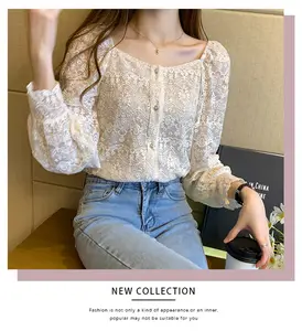 Blusa de renda de crochê feminina, camisa coreana de manga longa com gola quadrada bordada e floral, para mulheres, 2022