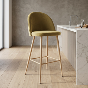 Chaise de bar moderne en velours avec structure en bois et base en métal pour bar à domicile, meubles de style scandinave - Product Image 3