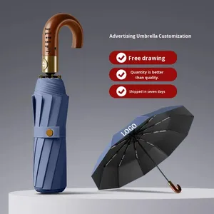 Custom High-end Umbrella with Logo-Business Gift Auto Open Wooden Handle Curved Design & Printable Pattern