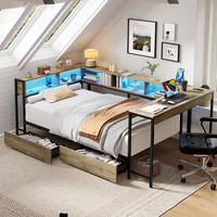 Cadre de lit en métal moderne avec sommier et bibliothèque intégrée, deux tiroirs de rangement, mobilier de chambre à coucher gain de place, vente en gros