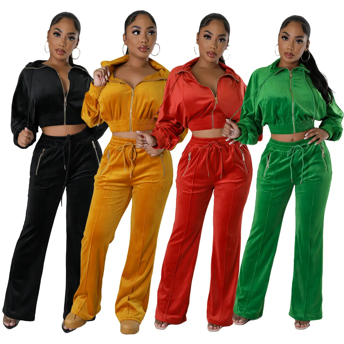 L532 Hot Selling Zip Up Crop Top 2 Piece Set Fall Women's Clothing Solid Color Velvet Two Piece Pants Set