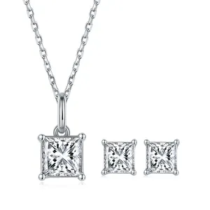 Princess Shape GRA Certificate Moissanite 925 Silver Plated 18k Gold Earrings Necklace Set