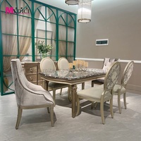 Ensemble table et chaises de salle à manger MEDICI, style américain moderne et européen, surface en marbre, bois massif sculpté, 6 places, écologique, assemblé