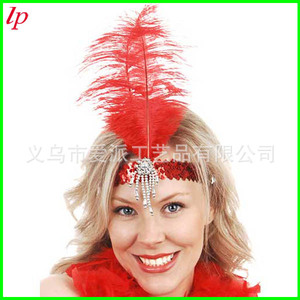 LPP2040 1920s Flapper Feather <b>Headband</b> Beaded Black With Pearl Chain Prom Costume Accessory - Product Image 3