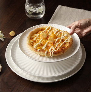 <b>White</b> Embossed Porcelain Plate <b>Set</b>, 3 Sizes Round Ceramic <b>Dinner</b> Plates with Radial Texture for Kitchen & Restaurant - Product Image 1
