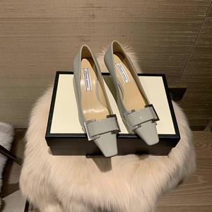 Chaussures plates pour femmes à boucle carrée en cuir véritable, motif géométrique, bout pointu, talons bas, style automne-hiver, à porter au quotidien - Product Image 1