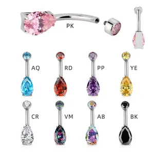 Đầy Màu sắc Zirconia bán buôn thép không gỉ bụng nút rốn Vòng prong Set Tear Drop CZ rốn piercing đồ trang sức bụng Nhẫn