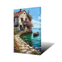 Tableau mural sur toile de maison côtière moderne, impression HD de paysage marin de villa rustique en pierre, encadré pour la décoration du salon