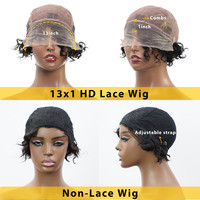 Perruque brésilienne bouclée coupe pixie, perruque courte en cheveux humains ondulés effet mouillé, perruques en cheveux humains avec dentelle 13x1, perruques brésiliennes avec partie en dentelle transparente