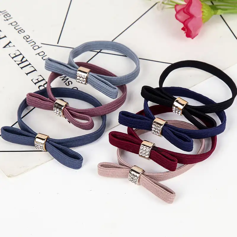 Cute Elastic Simple Design Bow Hair Rope thick and durable rubber band rhinestone hair ring